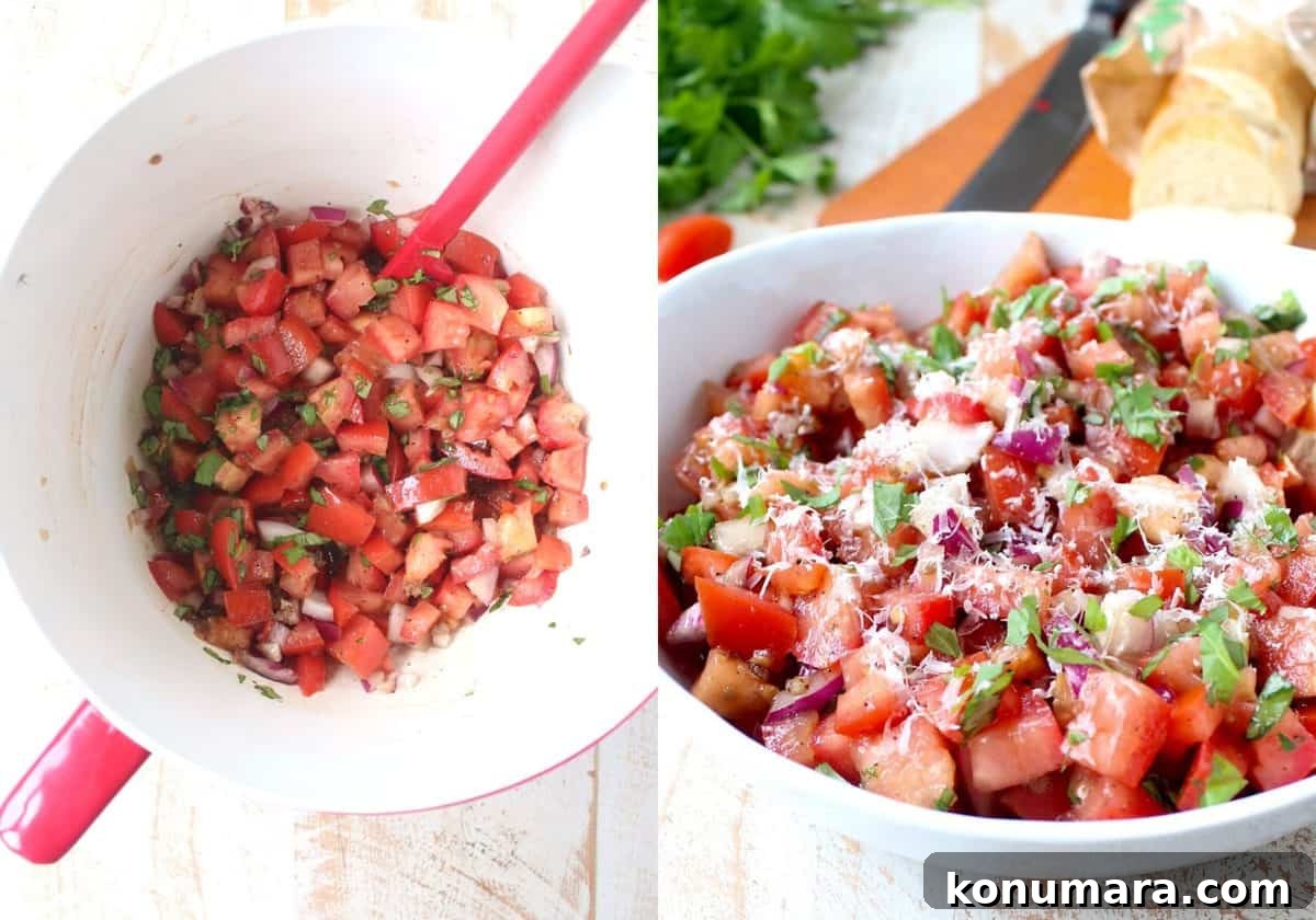 collage of images showing how to make tomato basil bruschetta
