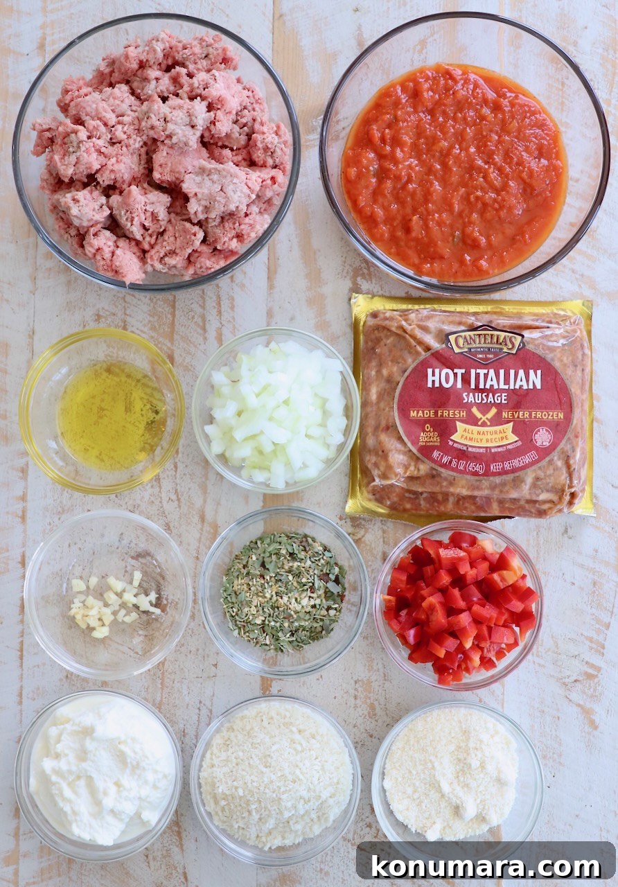 Classic Italian Meatloaf Recipe with Marinara Glaze 3 ingredients for Italian meatloaf on wood board