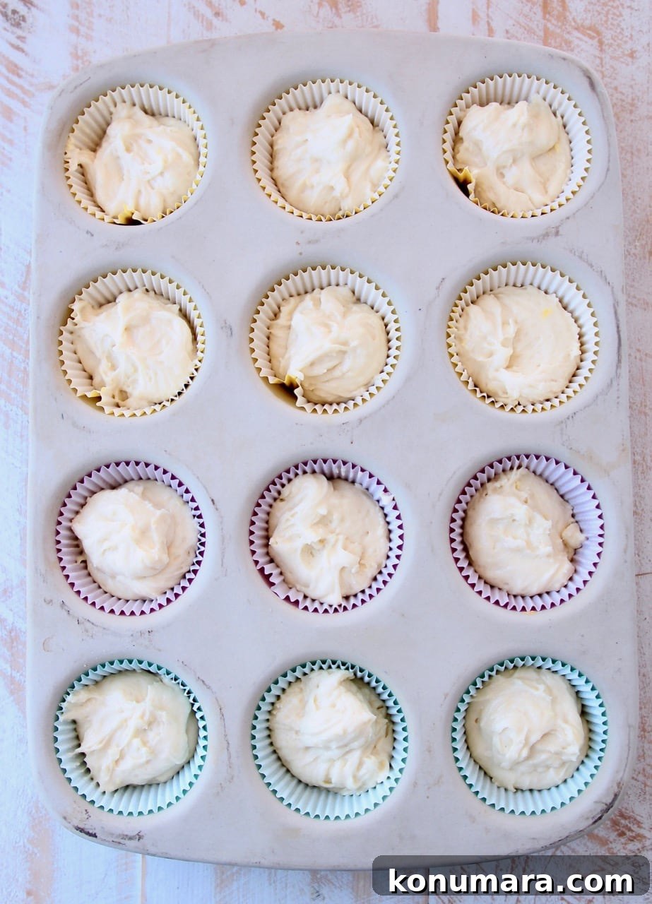 Cupcake batter in paper liners in stone muffin pan
