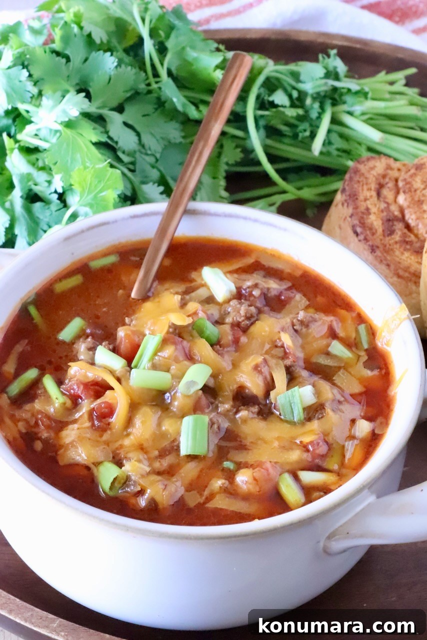 chili in a bowl with a spoon with fresh cilantro in the background