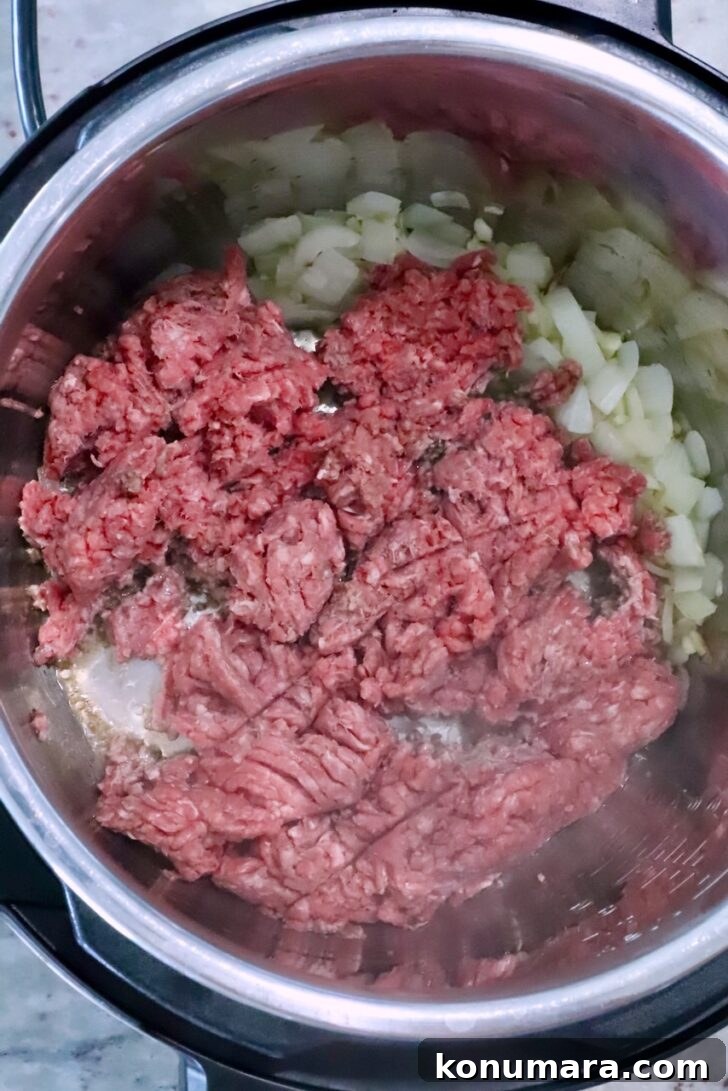 raw ground beef and onions in an Instant Pot