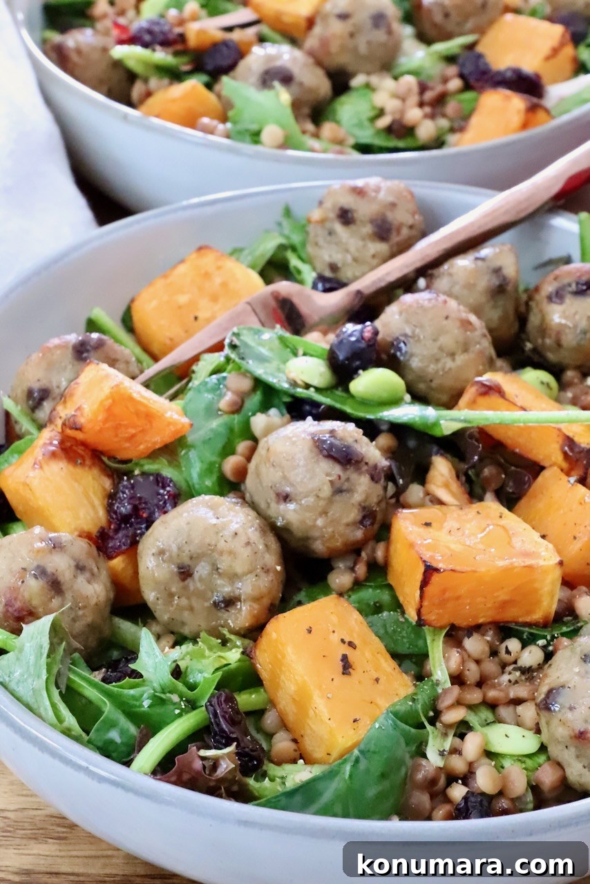 Autumn Harvest Grain Bowl with Roasted Squash and Quinoa 2 salad in a bowl topped with cubes of butternut squash, meatballs and couscous