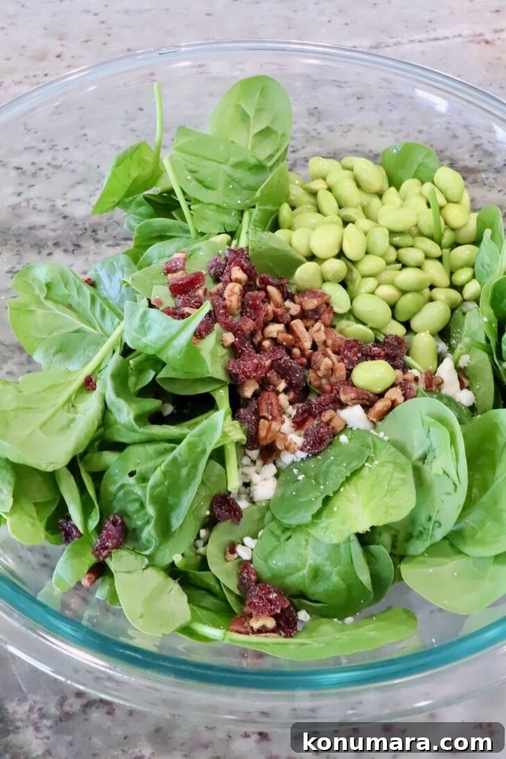 Autumn Harvest Grain Bowl with Roasted Squash and Quinoa 8 spinach in a large bowl with chopped nuts and edamame